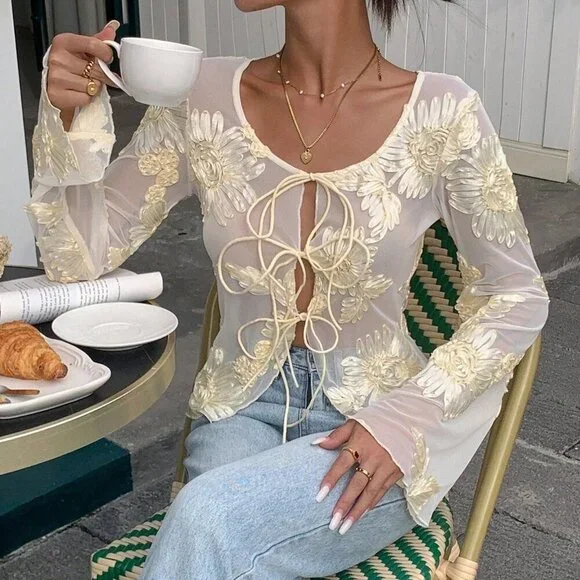 Apricot Elegant Women's Floral Mesh Long Sleeve Blouse - Picture 4 of 6